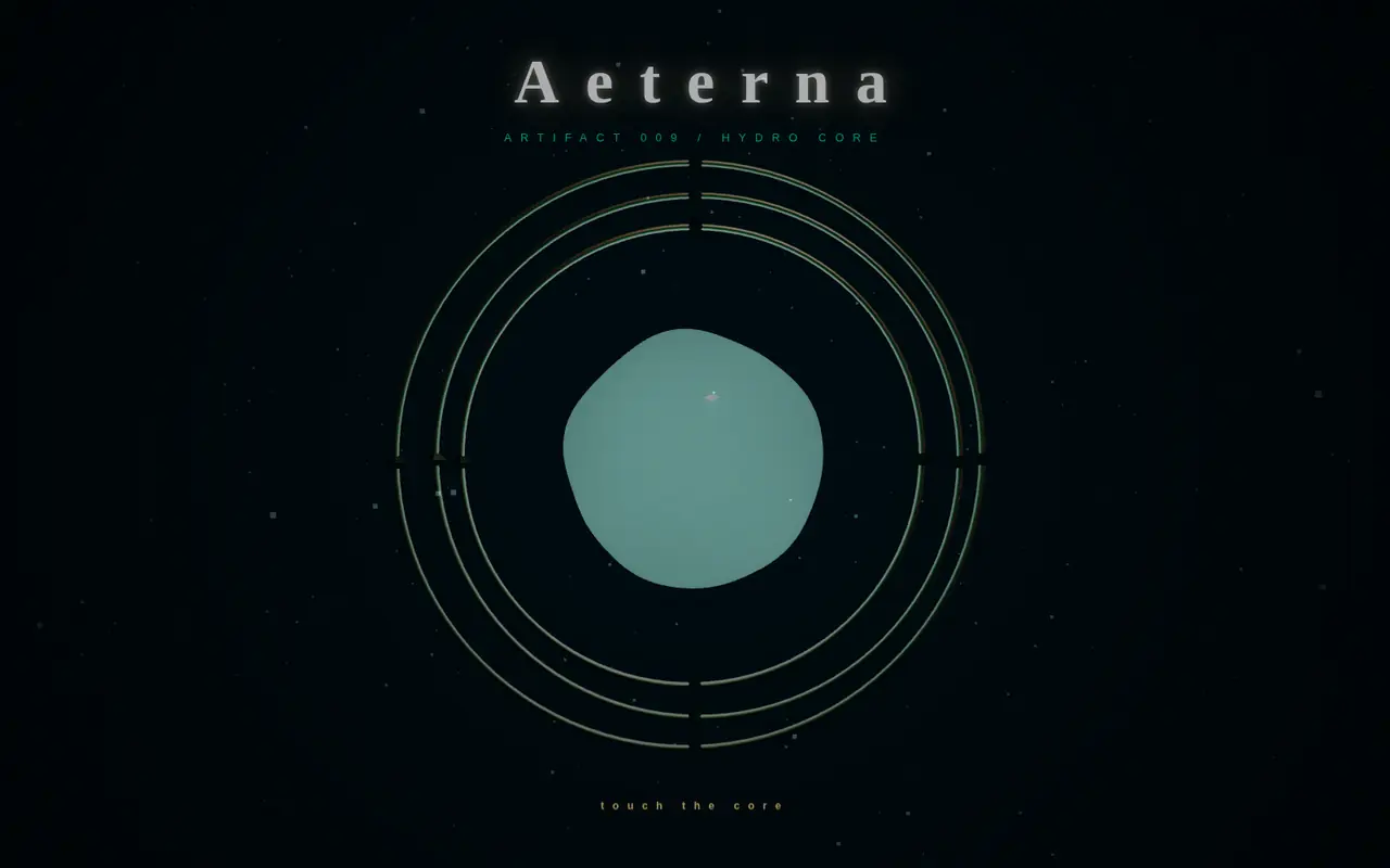 Aeterna: a pale blue form held inside concentric rings on a dark field