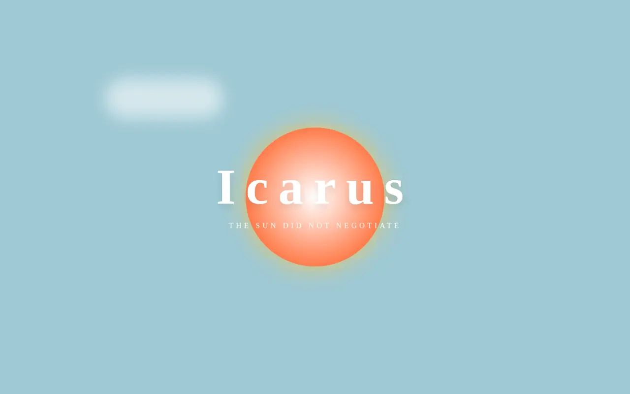 Icarus: a blurred orange sun with dark feathers falling around it