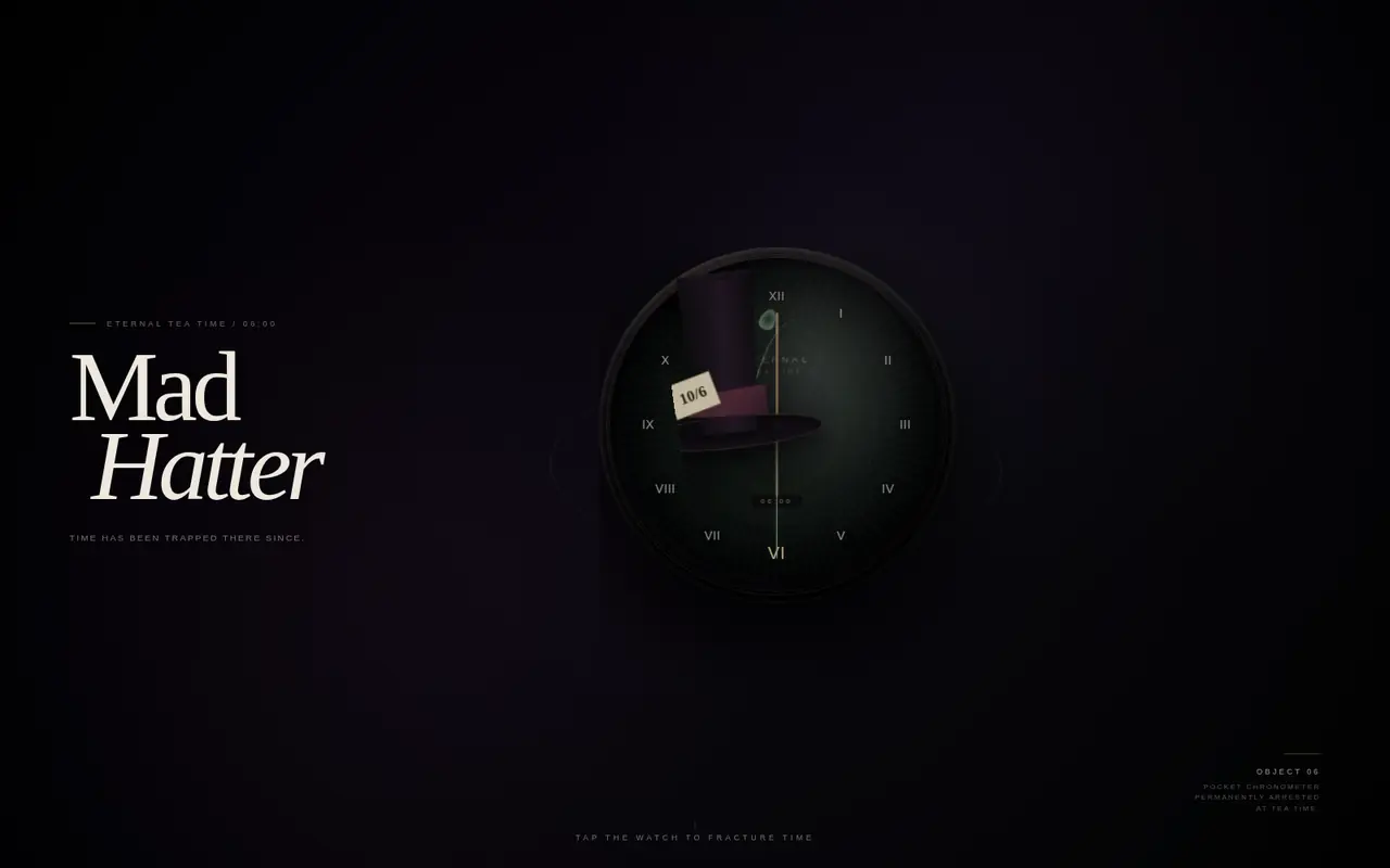 Mad Hatter: a pocket watch with a top hat inside its face, on a dark violet ground